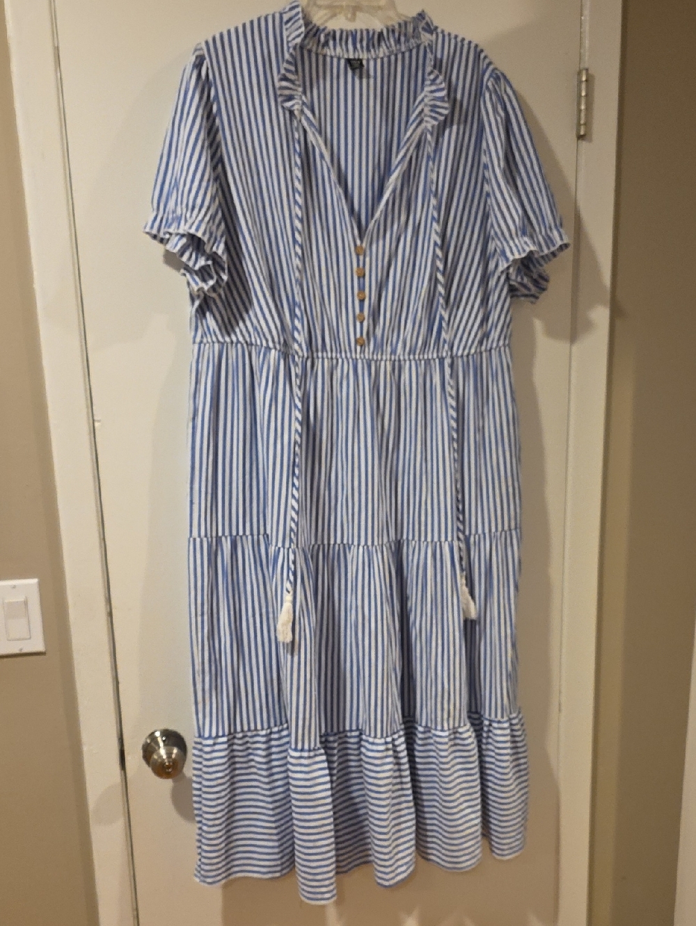 Blue and White Striped Midi Dress - Casual Tie-Waist